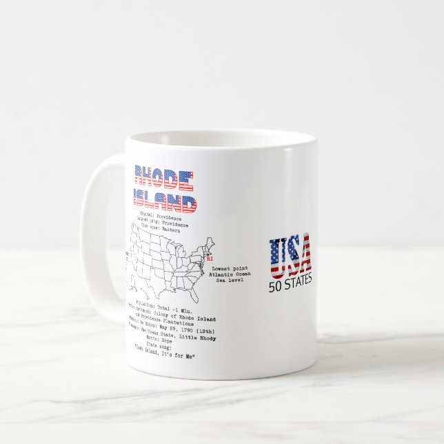 Caneca De Café Estado Americano Rhode Island em um mapa e detalhe (Frente Esquerda)