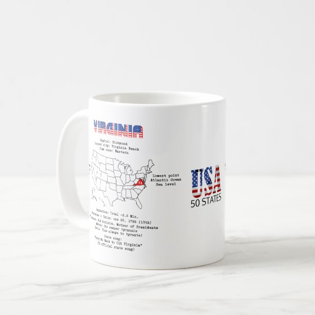 Caneca De Café Estado Americano Virgínia em um mapa e informações (Frente Esquerda)