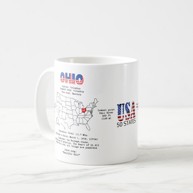 Caneca De Café Estado de Ohio americano em um mapa e informações  (Frente Esquerda)