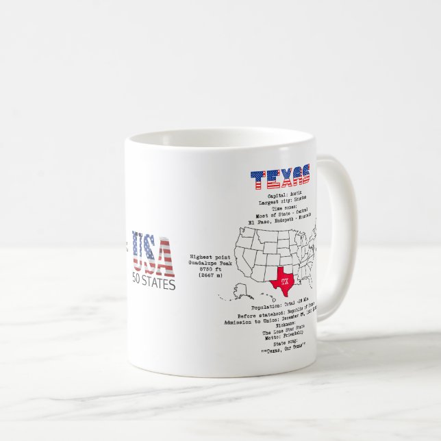Caneca De Café Estado do Texas americano em um mapa e informações (Frente Esquerda)