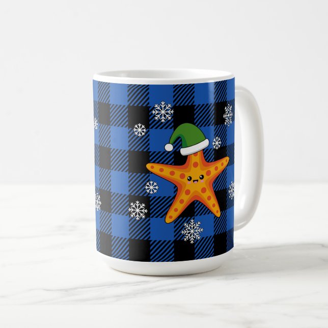 Caneca De Café Estaleiro do Natal Kawaii no padrão azul de búfalo (Frente Esquerda)