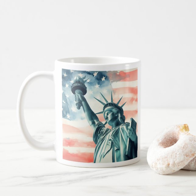 Caneca De Café Estátua da Liberdade com bandeira americana (Com Donut)
