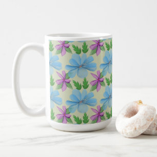 Caneca De Café Estética de Padrão Floral Azul Flor de Aquarela