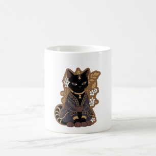 Caneca De Café Estética Javanesa Gato Preto Floral Tradicional 