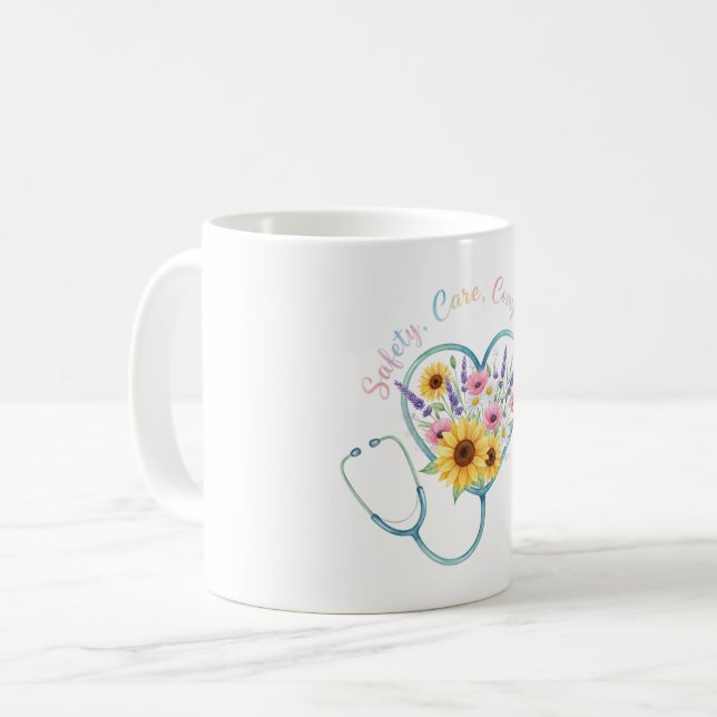 Caneca De Café Estetoscópio Floral em Aquarela Presente de Coraçã (Frente Esquerda)