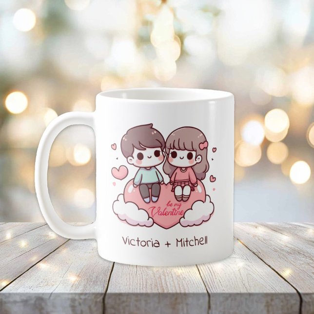 Caneca De Café Estilo Chibi Personalizado Seja Meu Casal (Personalized Chibi-Style Be Mine Couple Mug)