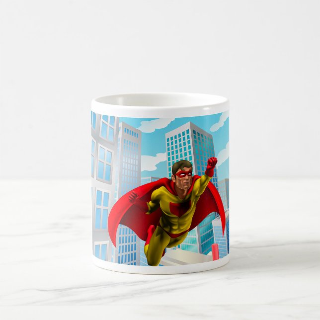 Caneca De Café Estilo Comic Super Herói Voador Vermelho e Herói A (Criador carregado)