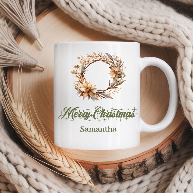 Caneca De Café Estilo de feriado nórdico terroso e aconchegante c (Warm earthy Nordic holiday style custom name Christmas mug

)
