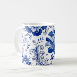 Caneca De Café Estilo Delft Azul Branco Flores Fantasia Caprichos