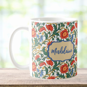 Caneca De Café Estilo Floral Willam Morris Azul Vermelho Dourado