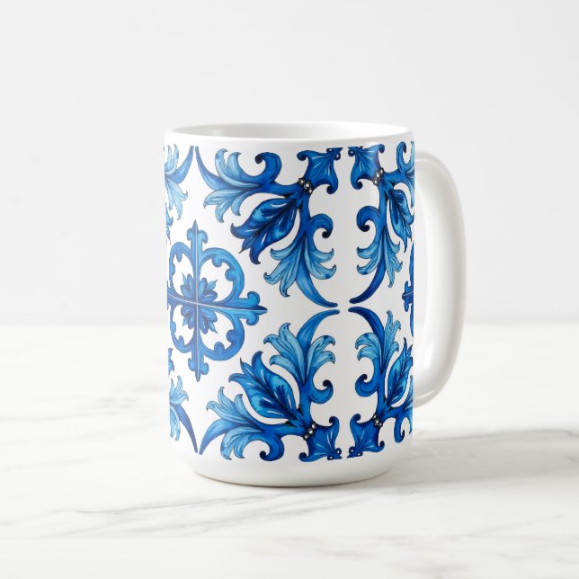 Caneca De Café estilo italiano,Mediterrâneo,mosaico,azul, (Frente Esquerda)