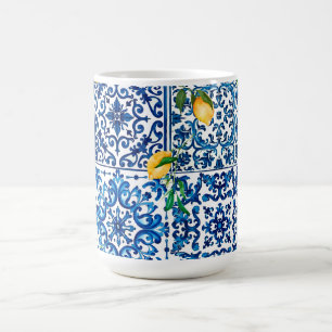 Caneca De Café estilo italiano,Mediterrâneo,mosaico,azul,limão