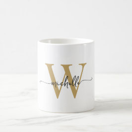 Caneca De Café Estilo Nome em Monograma Branco e Dourado