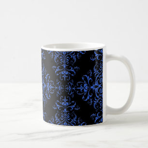 Caneca De Café Estilo Vintage Elegante Damasco Azul Preto