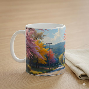 Caneca De Café Estrada Rural Outonal Pastel Aquarela