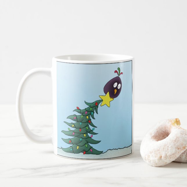 Caneca De Café Estrela de Natal de Pássaro de Cartoon (Com Donut)