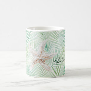 Caneca De Café Estrela-do-Mar Folhas Tropicais Verdes