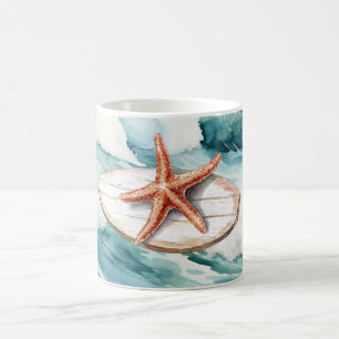 Caneca De Café Estrela-do-mar sobre prancha de surfe em um fundo
