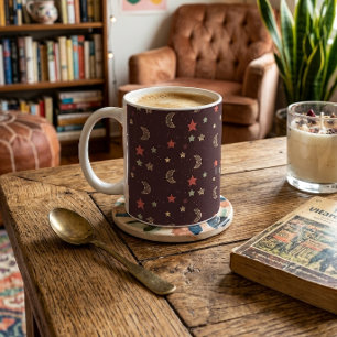 Caneca De Café Estrelas à Noite Lua Mágica em Borgonha e Coral