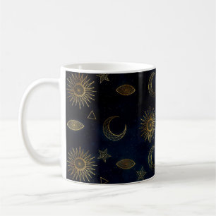 Caneca De Café Estrelas Douradas da Lua Solar Celestial Azul