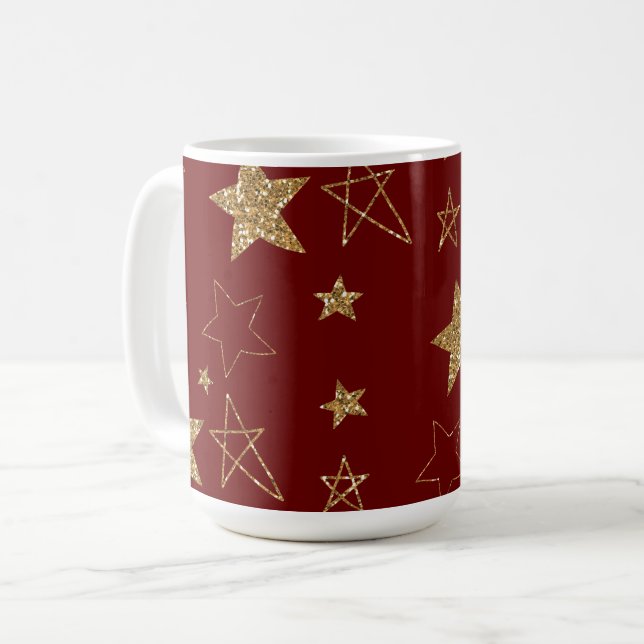 Caneca De Café Estrelas Douradas de Lâmpadas Vermelhas de Natal (Frente Esquerda)