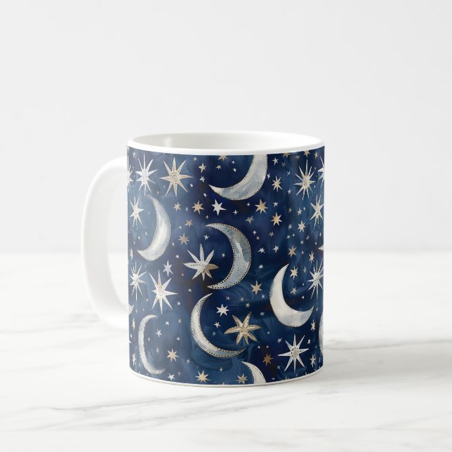 Caneca De Café Estrelas Douradas Prateadas Azuis (Frente Esquerda)