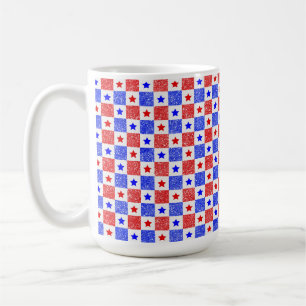 CANECA DE CAFÉ ESTRELAS E QUADRADOS VERMELHOS BRANCOS AZUIS PATRI
