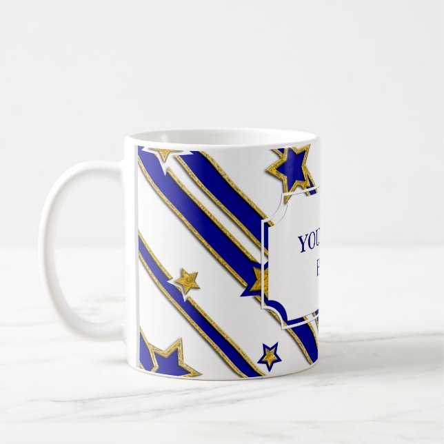 Caneca De Café Estrelas e riscas Padrões de ouro azul + suas idei (Esquerda)