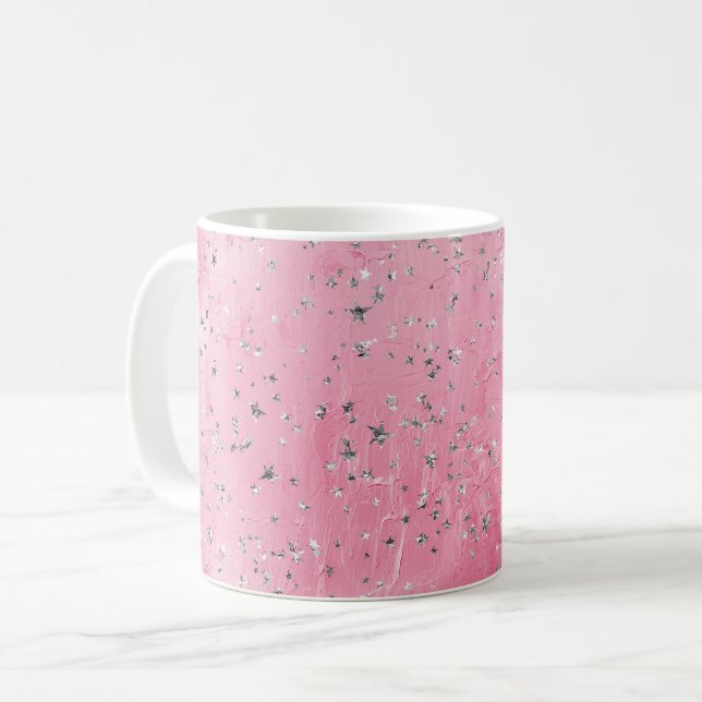Caneca De Café Estrelas Prateadas Rosa (Frente Esquerda)