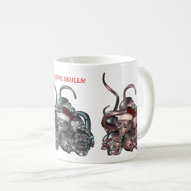 Caneca De Café Eu Adoro Skulls! Estacas e tentáculos de crânio (Frente Esquerda)