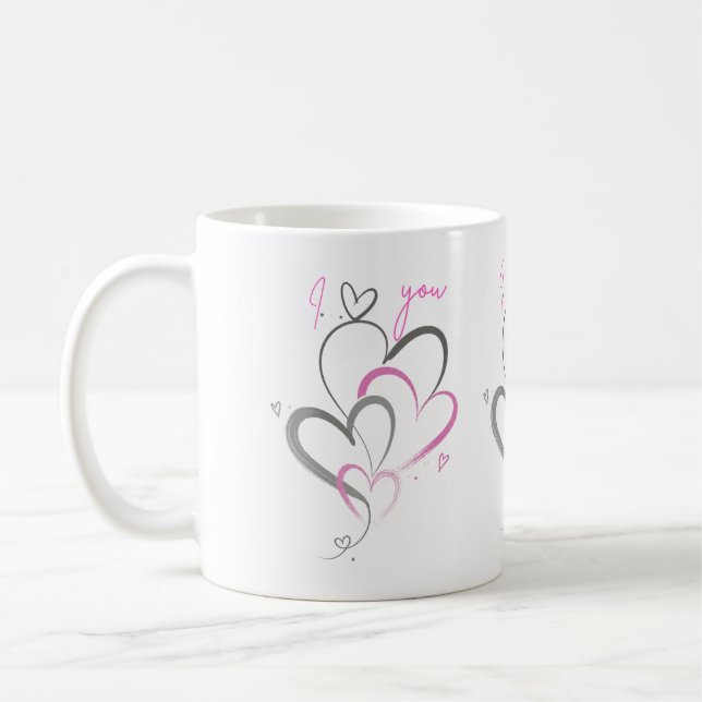 CANECA DE CAFÉ EU AMO CORAÇÕES ROSA ESTÉTICA FOFA (Esquerda)
