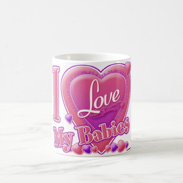 Caneca De Café Eu Amo Meus Bebês rosa/roxo - Corações (Centro)