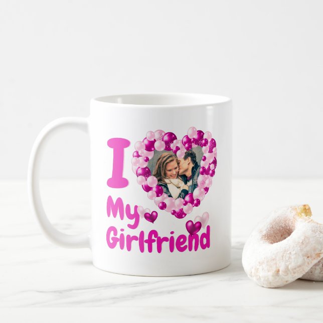 Caneca De Café Eu Amo Minha Foto Personalizada Rosa Quente Namora (Com Donut)