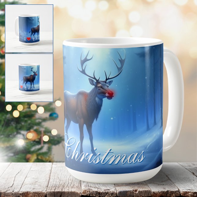 Caneca De Café Eu Amo Rena de Inverno Azul de Natal (Criador carregado)