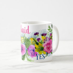 Caneca De Café Eu Disse Sim Aquarela Floral Rosa e Roxo