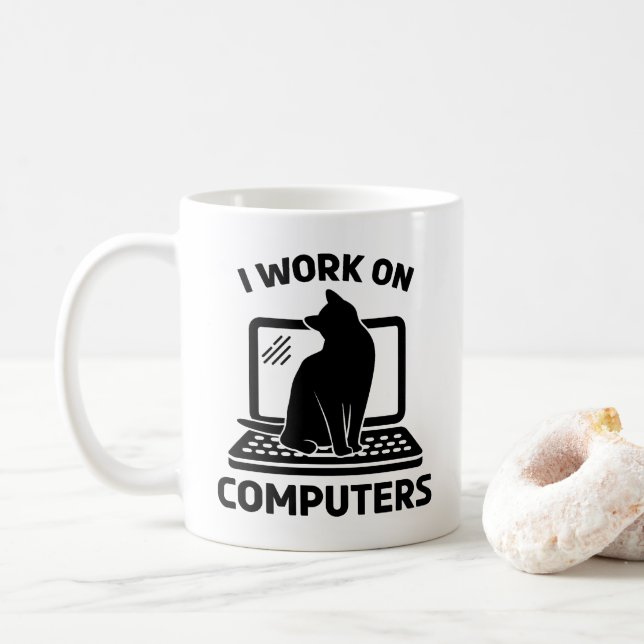 Caneca De Café Eu Trabalho Com Computadores Amante de Gato Engraç (Com Donut)