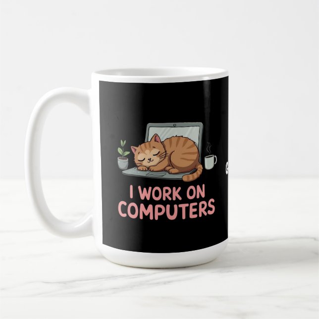 Caneca De Café Eu Trabalho Em Computadores Gatos Engraçados Compu (Esquerda)