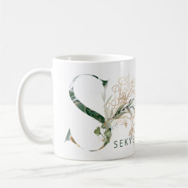 Caneca De Café Eucalipto Monograma Botânico Dourado "S"