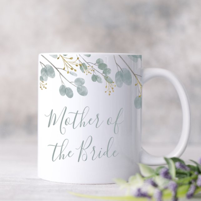 Caneca De Café Eucalipto Noiva da Terra (Mother of the Bride Coffee Mug decorated with eucalyptus and just a touch of gold. )