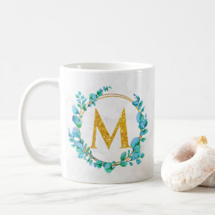 Caneca De Café Eucalipto Verde Dourado Personalizado Monograma A-