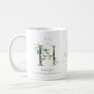 Caneca De Café Eucalyptus Dourado Monograma Inicial H Goma Verde