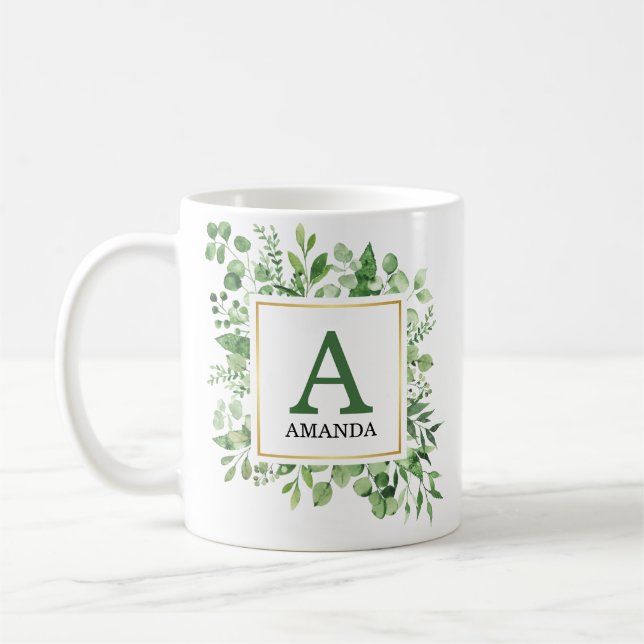 Caneca De Café Eucalyptus Green Foliage Monogrammed Mug (Esquerda)