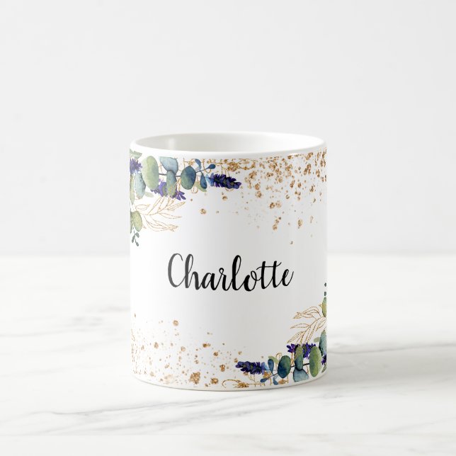 Caneca De Café Eucalyptus greenery gold glitter name script (Centro)