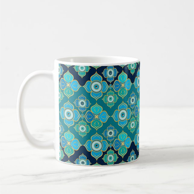 Caneca De Café Evil Eye Pattern - Blue Teal and gold (Esquerda)
