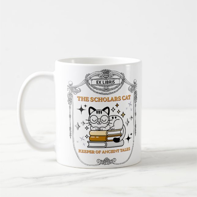 Caneca De Café Ex Libris Gato Acadêmico Dark Academia (Esquerda)