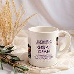 Caneca De Café Excelente Gran 2 Fotos personalizadas para bebês e<br><div class="desc">Moderno mantém a caneca de fotos para uma nova avó excelente. A design tem uma paleta verde e branca com texto de máquina de escrever e tipografia moderna. O modelo está preparado para você adicionar duas fotos, o novo título do excelente gran (grammie, gee, gran de excelente, etc.), assim como...</div>