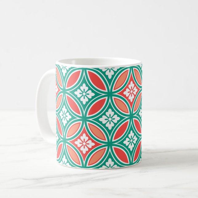 Caneca De Café Expedição com Motif Flor, Turquesa e Coral (Frente Esquerda)