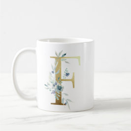 Caneca De Café F ouro inicial com folhagem floral azul