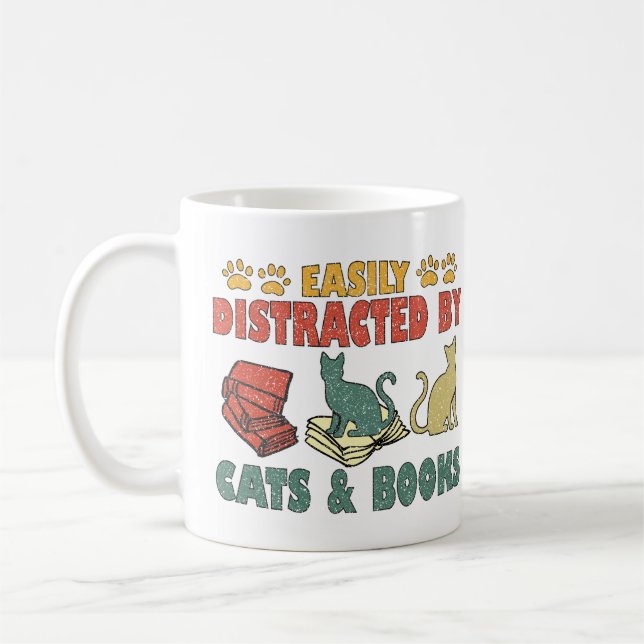 Caneca De Café Fácil Distração Por Gatos E Livros (Esquerda)