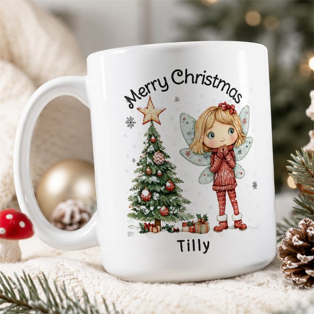 Caneca De Café Fada de Natal Personalizada Fofa e Árvore  (Criador carregado)
